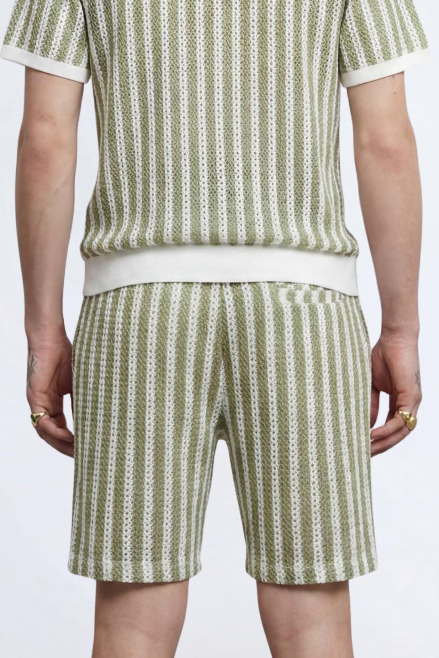 Albie Green & Cream Stripe Cotton Crochet Co-Ord
