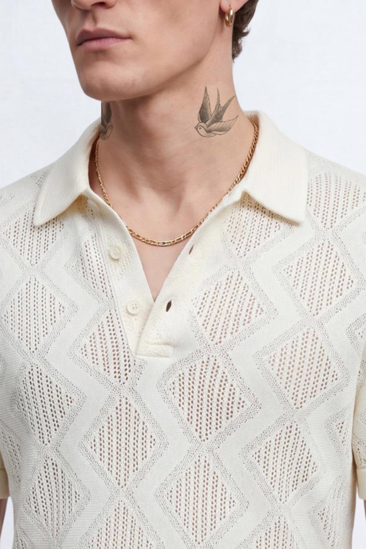 Otis Cream Diamond Cotton Crochet Polo