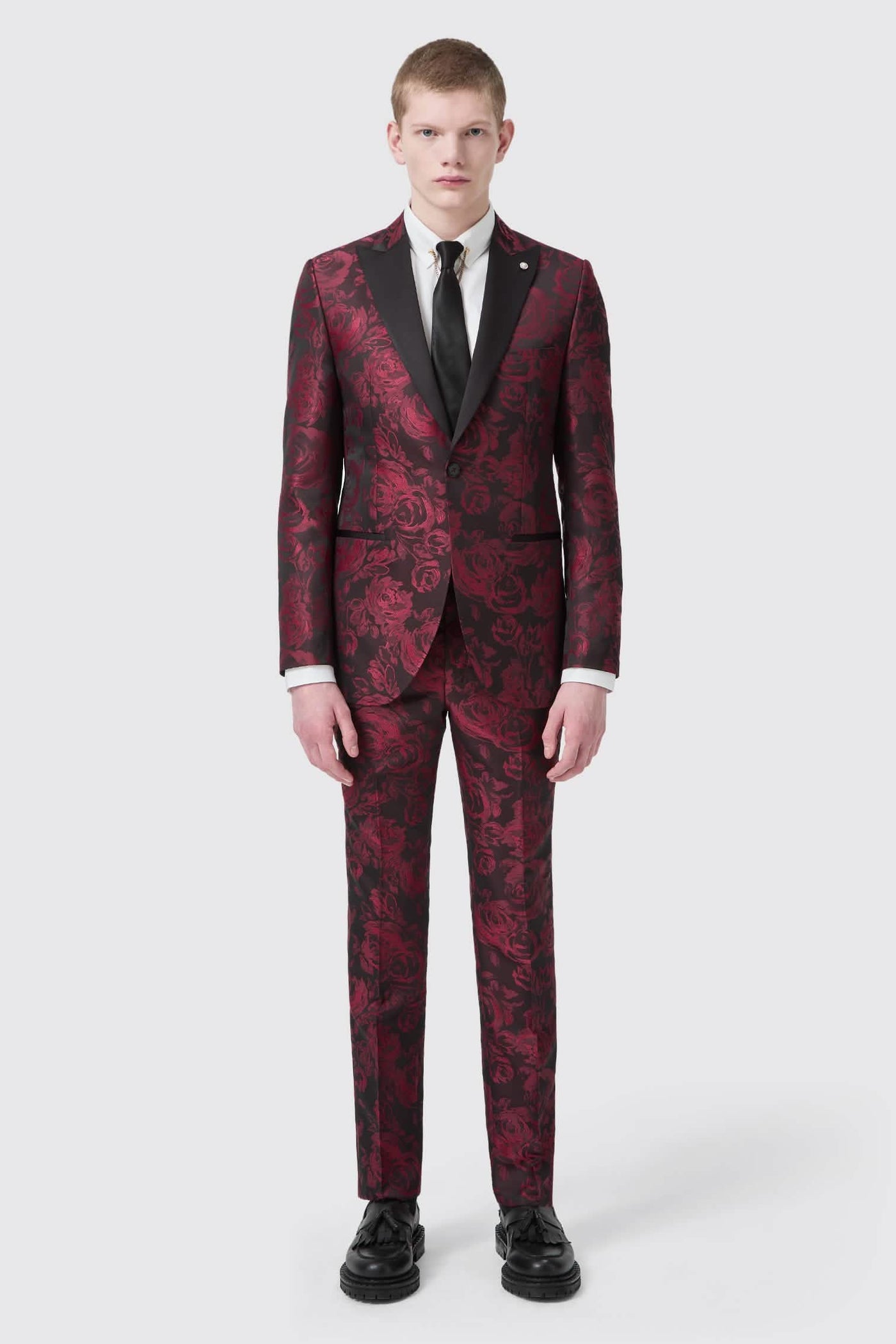 Era Skinny Fit Red Floral Jacquard Tuxedo Jacket