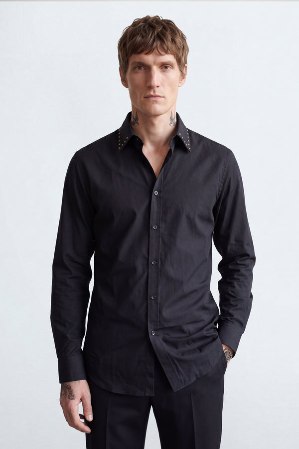 Mara Slim Black Metal Studded Sateen Cotton Shirt