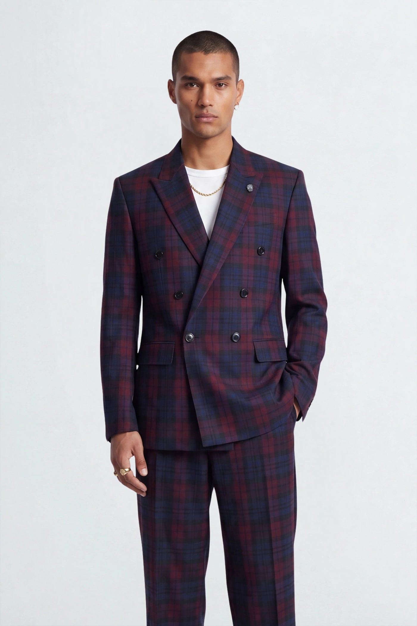 Zac Wine Check Double Breasted Suit Jacket