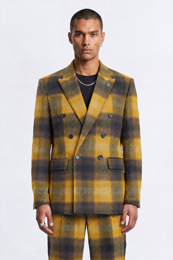 Marty Mustard Check Double Breasted Suit Jacket