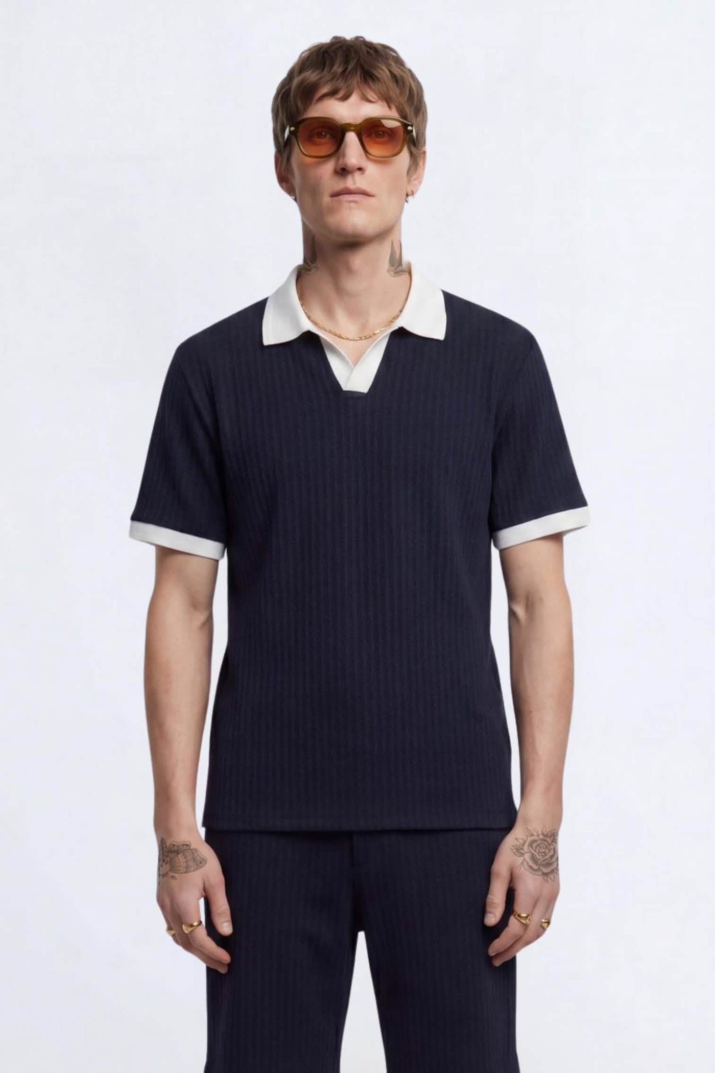 Henry Navy Textured Open Collar Co-Ord