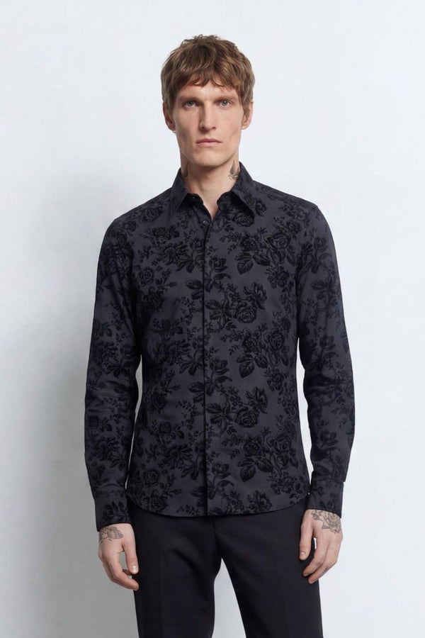 Armada Slim Fit Black Floral Flocked Shirt