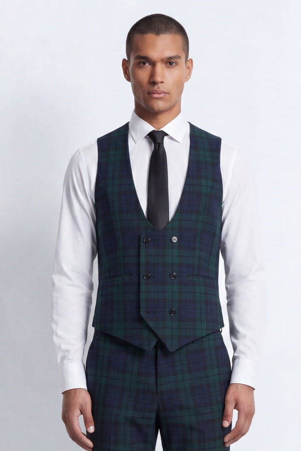 Ginger Slim Fit Green Tartan Waistcoat