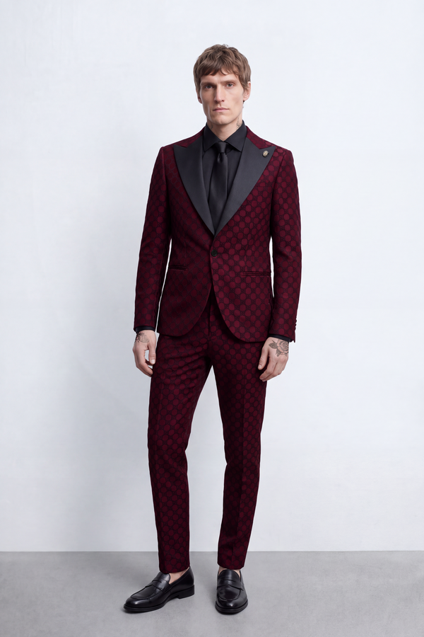 Papatya Slim Fit Burgundy Jacquard Suit