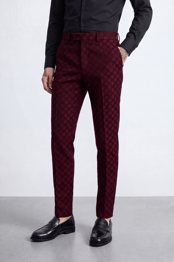 Papatya Slim Fit Burgundy Jacquard Trousers