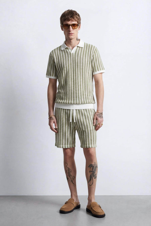 Albie Green & Cream Stripe Cotton Crochet Co-Ord
