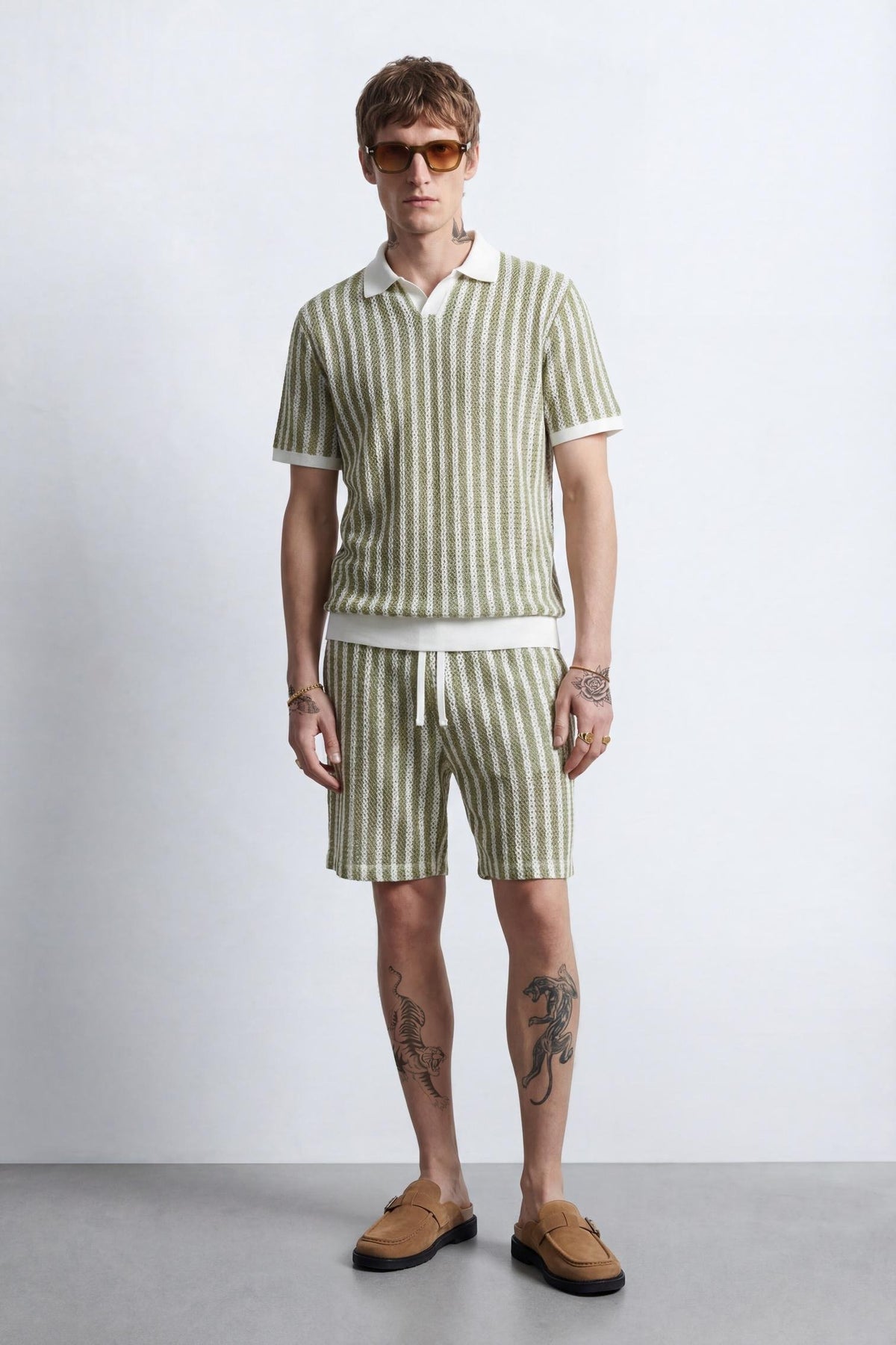Albie Green & Cream Stripe Cotton Crochet Shorts