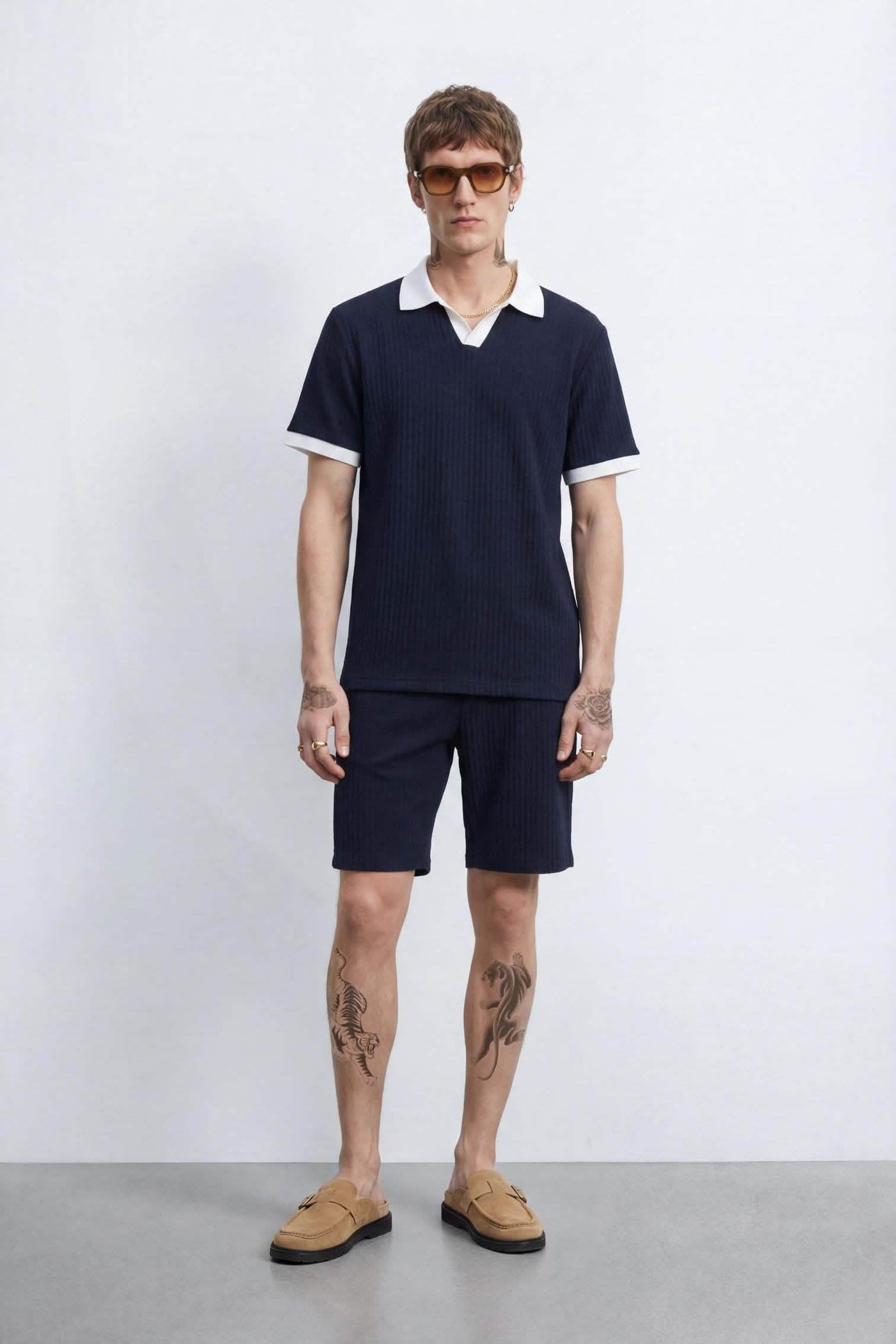 Henry Navy Textured Open Collar Co-Ord