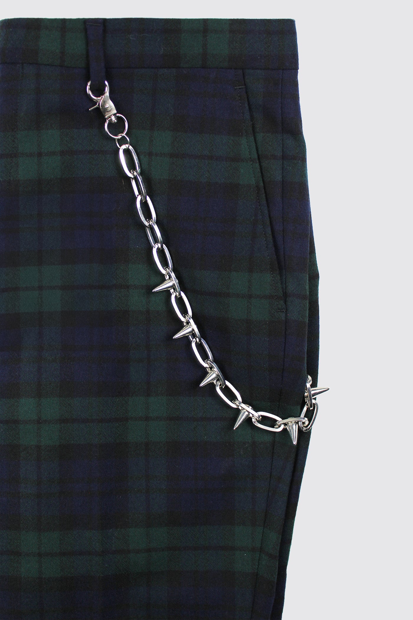 Viscous Skinny Fit Green Tartan Pants with Chain Detail