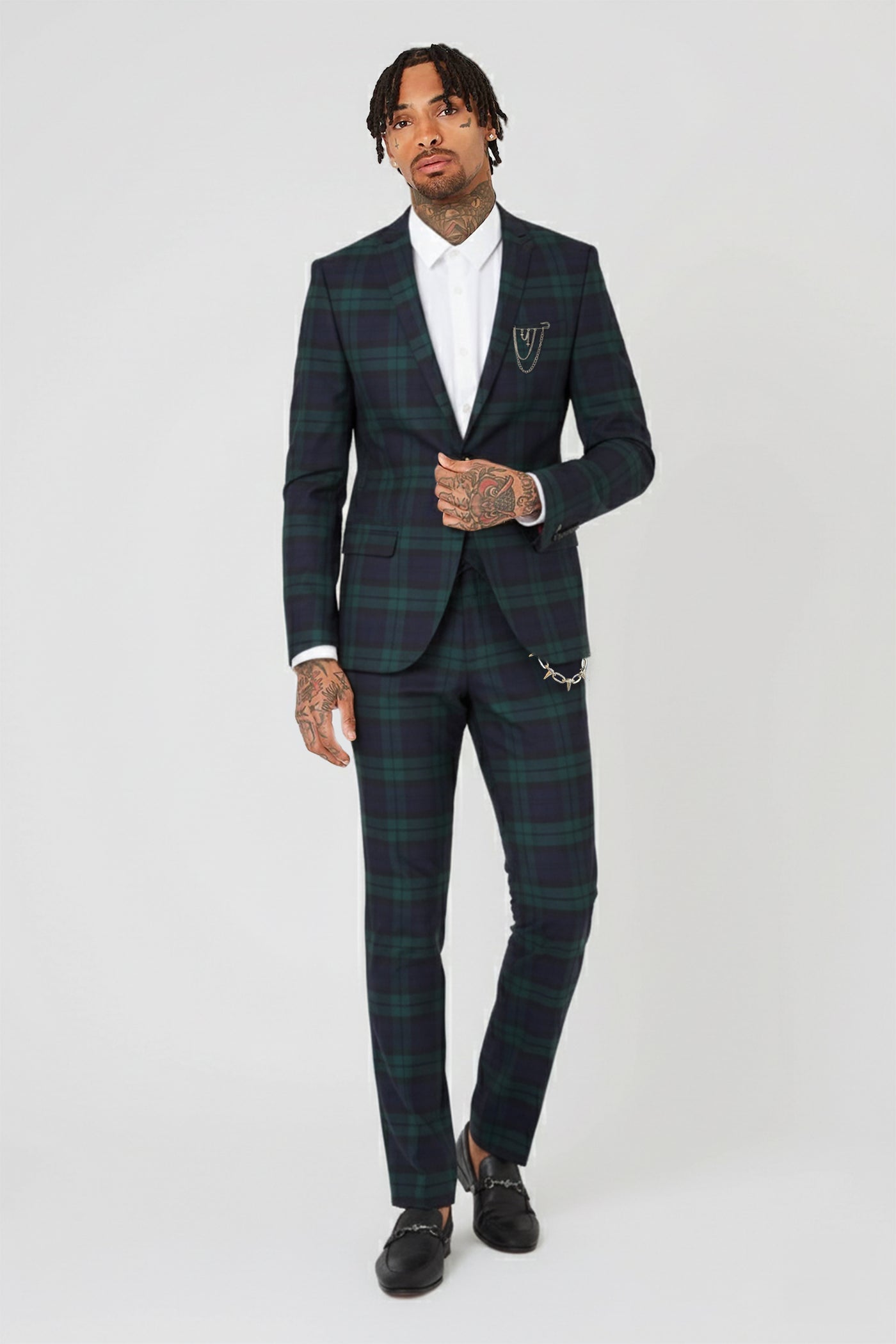 Viscous Skinny Fit Green Tartan Pants with Chain Detail