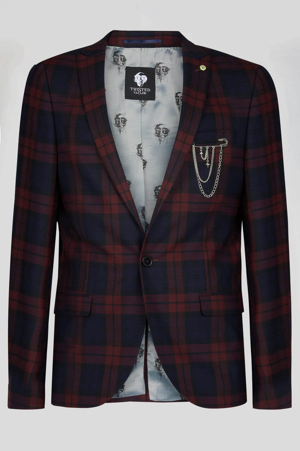 Viscous Skinny Fit Wine Tartan Suit with Chain Detail