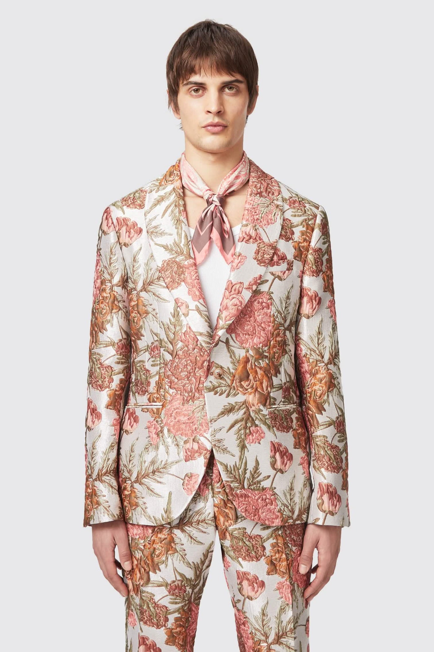 Harlow Slim Fit Floral Pink Silver Jacquard Suit