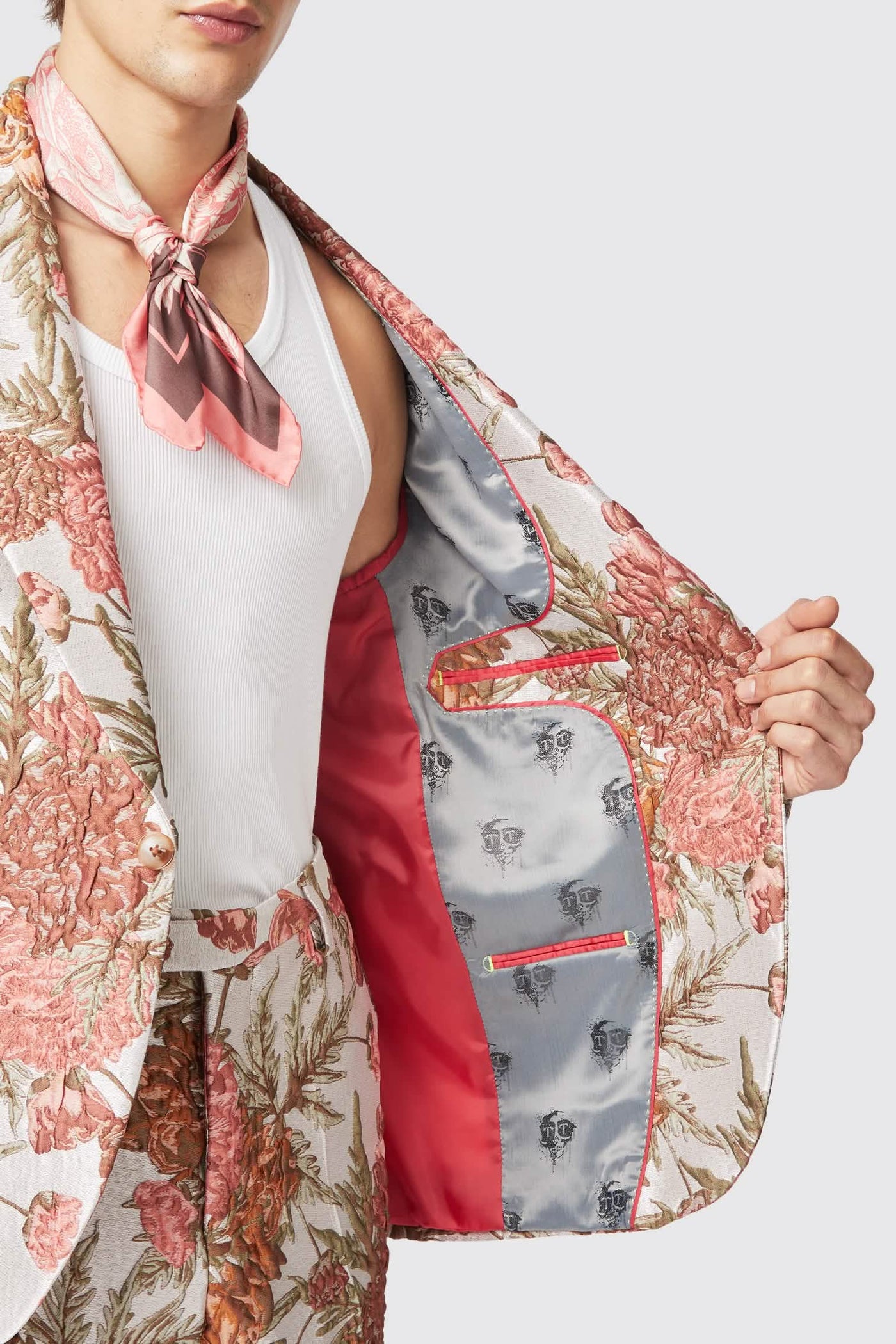 Harlow Slim Fit Floral Pink Silver Jacquard Suit