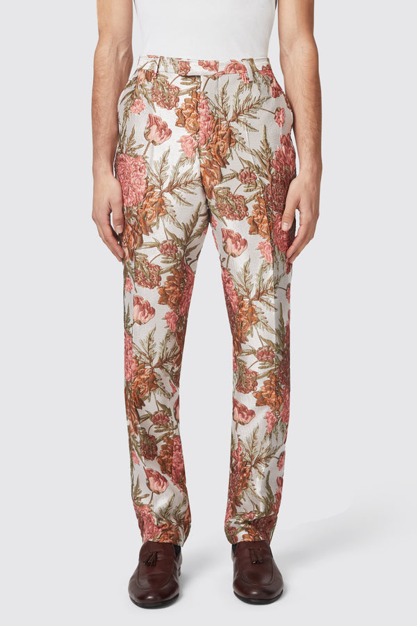Harlow Slim Fit Floral Pink Silver Jacquard Trouser