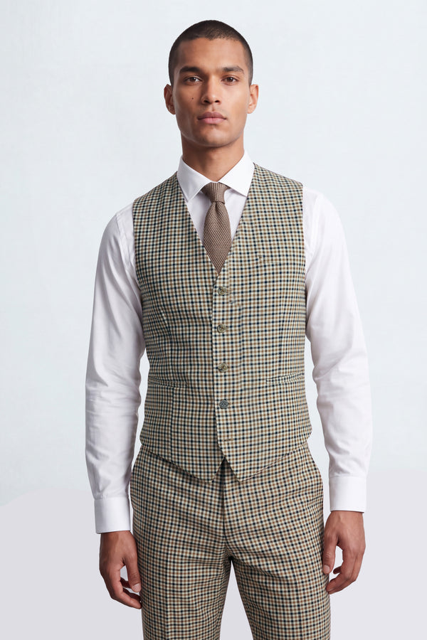 Blythe Slim Fit Beige Check Waistcoat