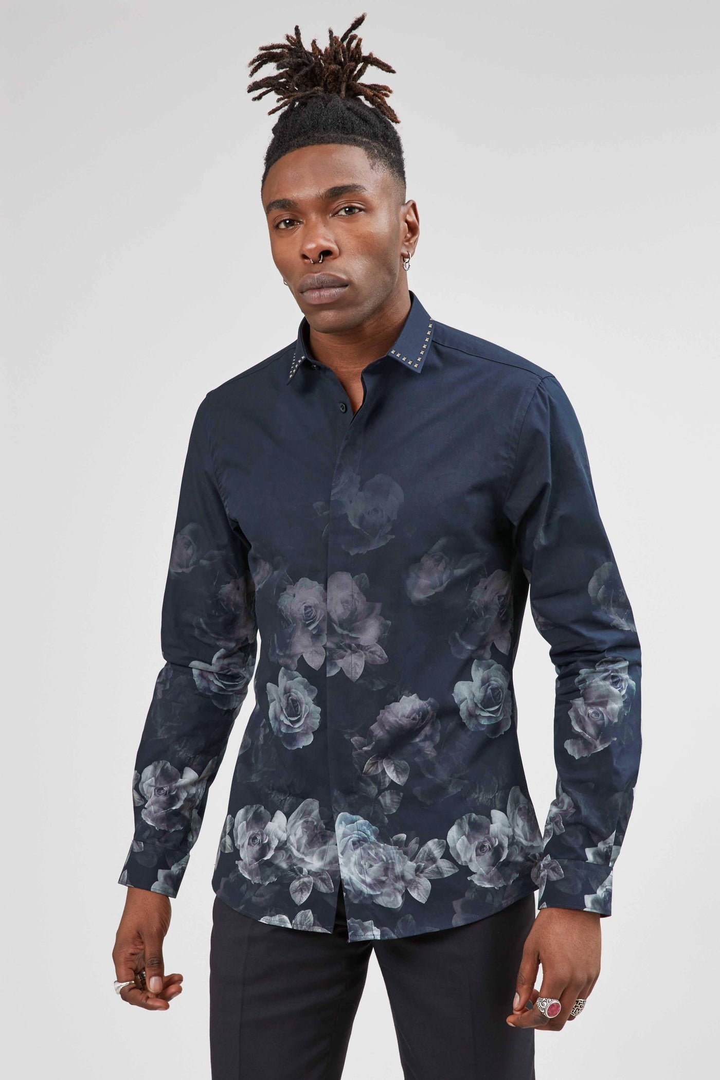 Sember Slim Fit Black Metal Studded Floral Shirt - ARCHIVE