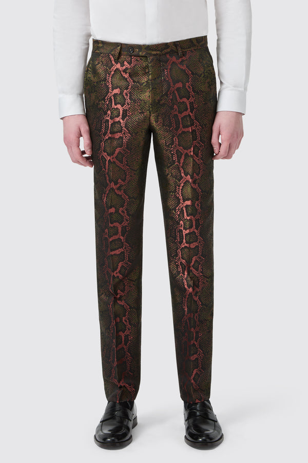 Koven Slim Fit Green Jacquard Snakeskin Trousers