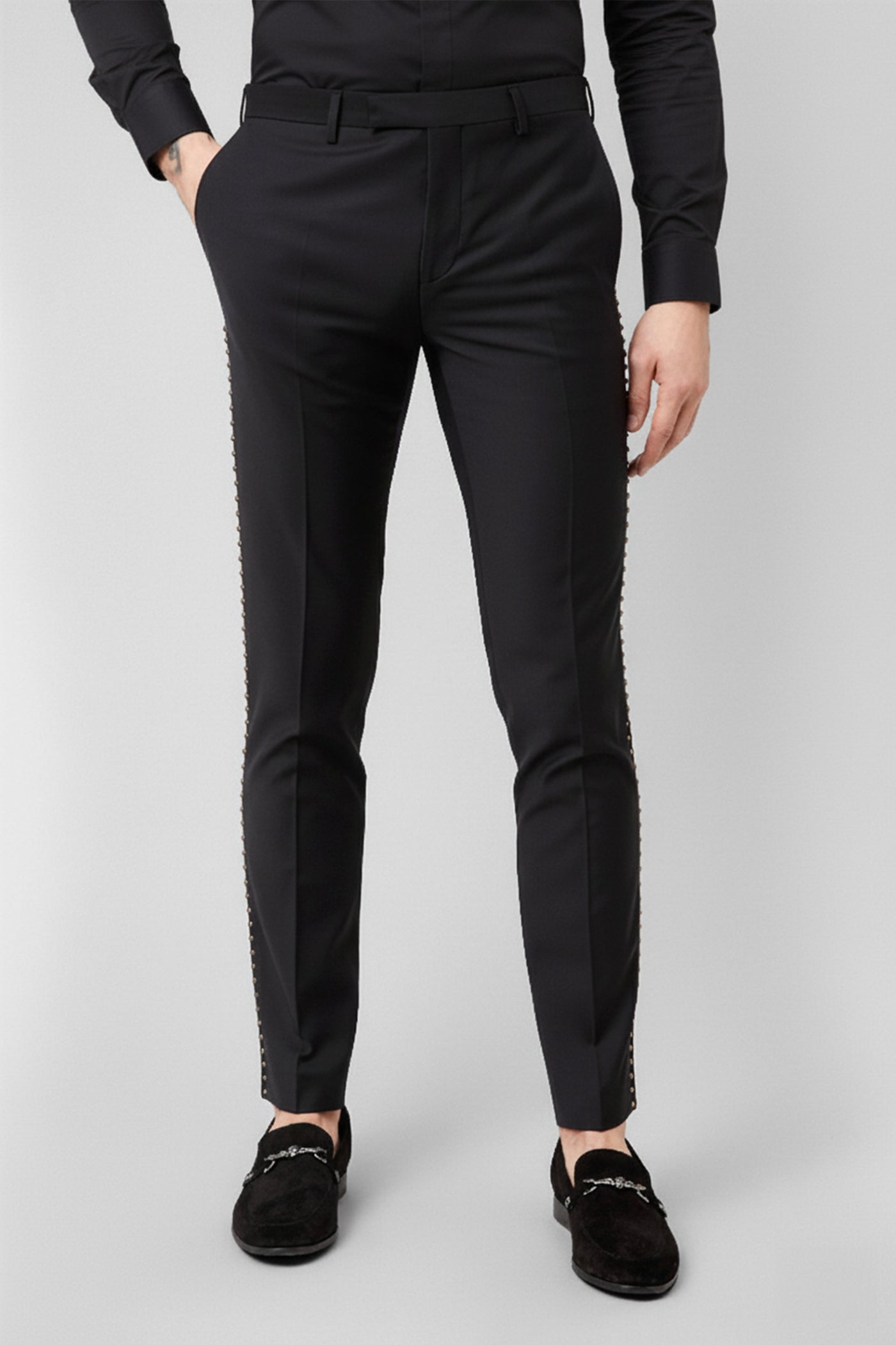 Leaden Skinny Fit Gold Studded Black Dinner Trousers