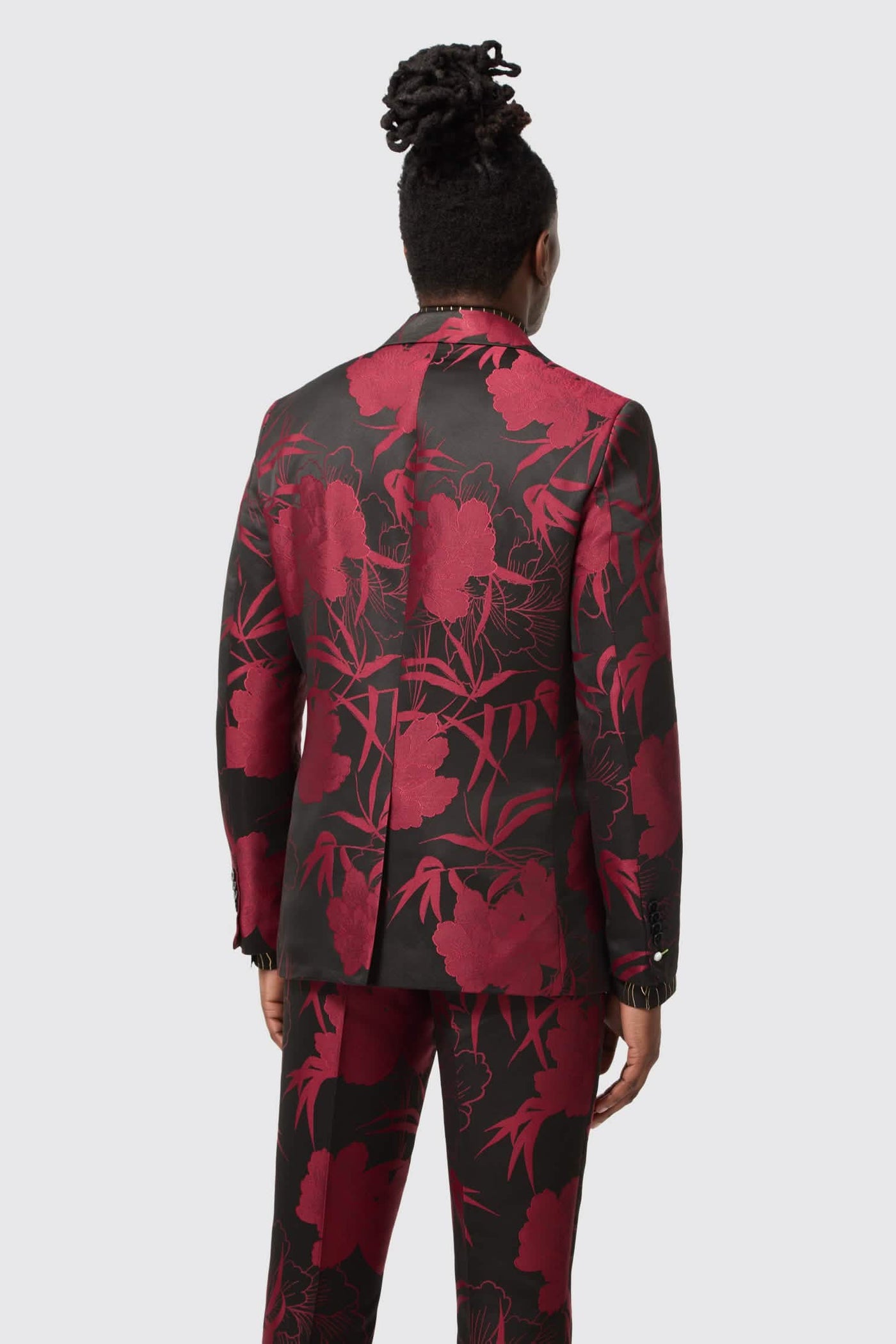 Ramos Slim Fit Red Floral Jacquard Suit Jacket With Gold Detailing