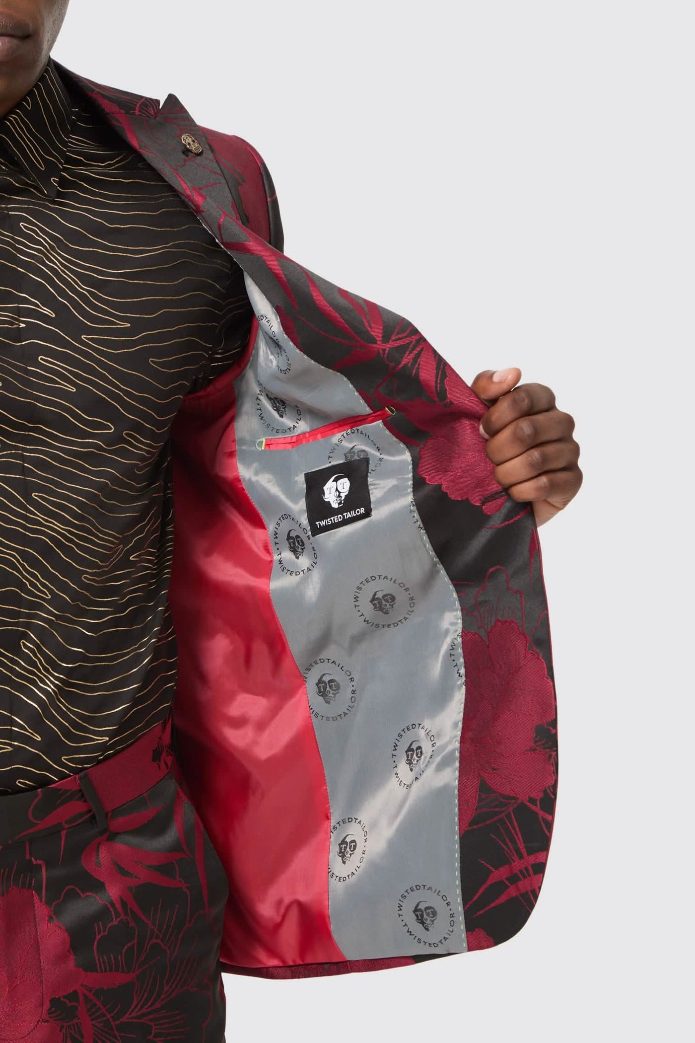 Ramone Slim Fit Red Floral Jacquard Suit
