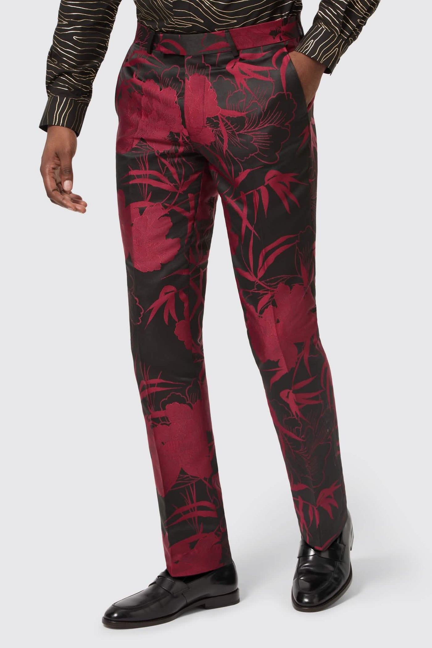 Ramos Slim Fit Red Floral Jacquard Suit Jacket With Gold Detailing