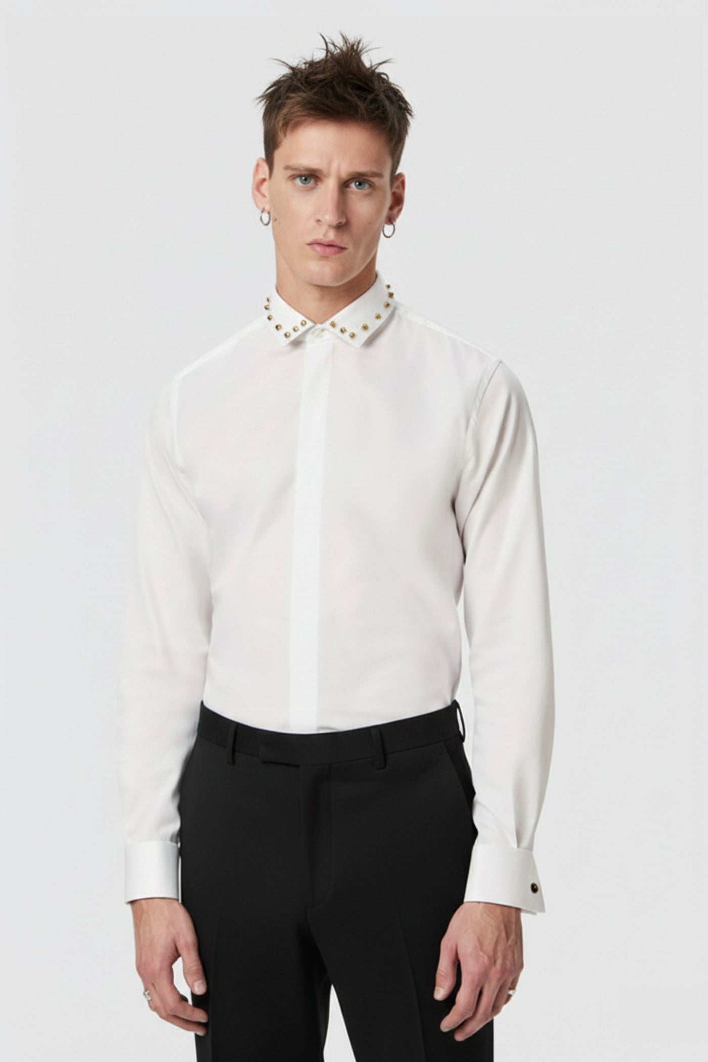 Leigh White Double Cuff Shirt with Gold Studded Collar - ARCHIVE