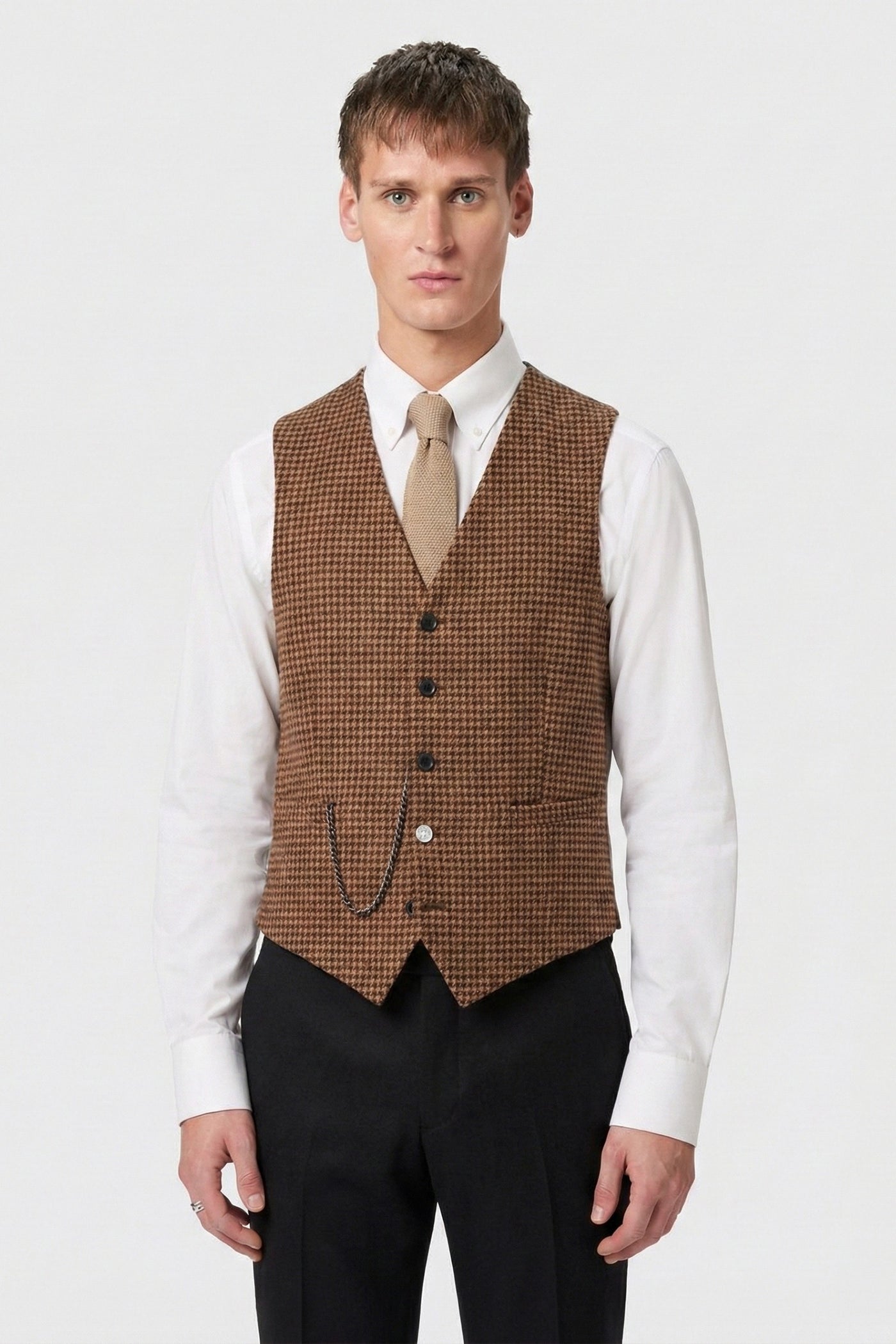 Clifdon Slim Fit Brown Wool Houndstooth Waistcoat
