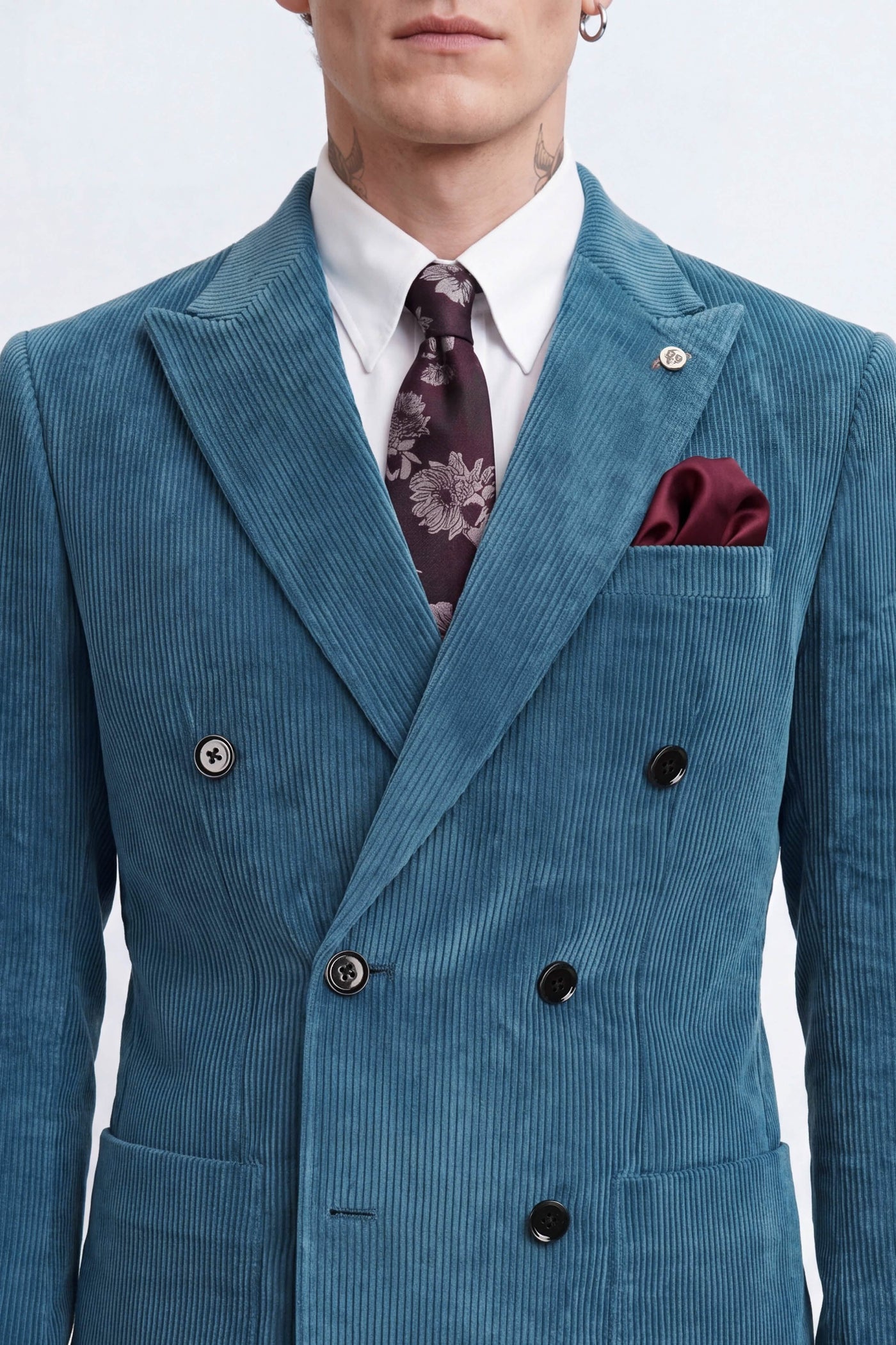 Aston Slim Fit Double Breasted Corduroy Blue Suit