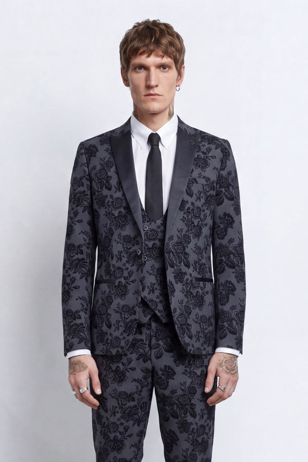 Fleet Skinny Fit Black Floral Suit Jacket