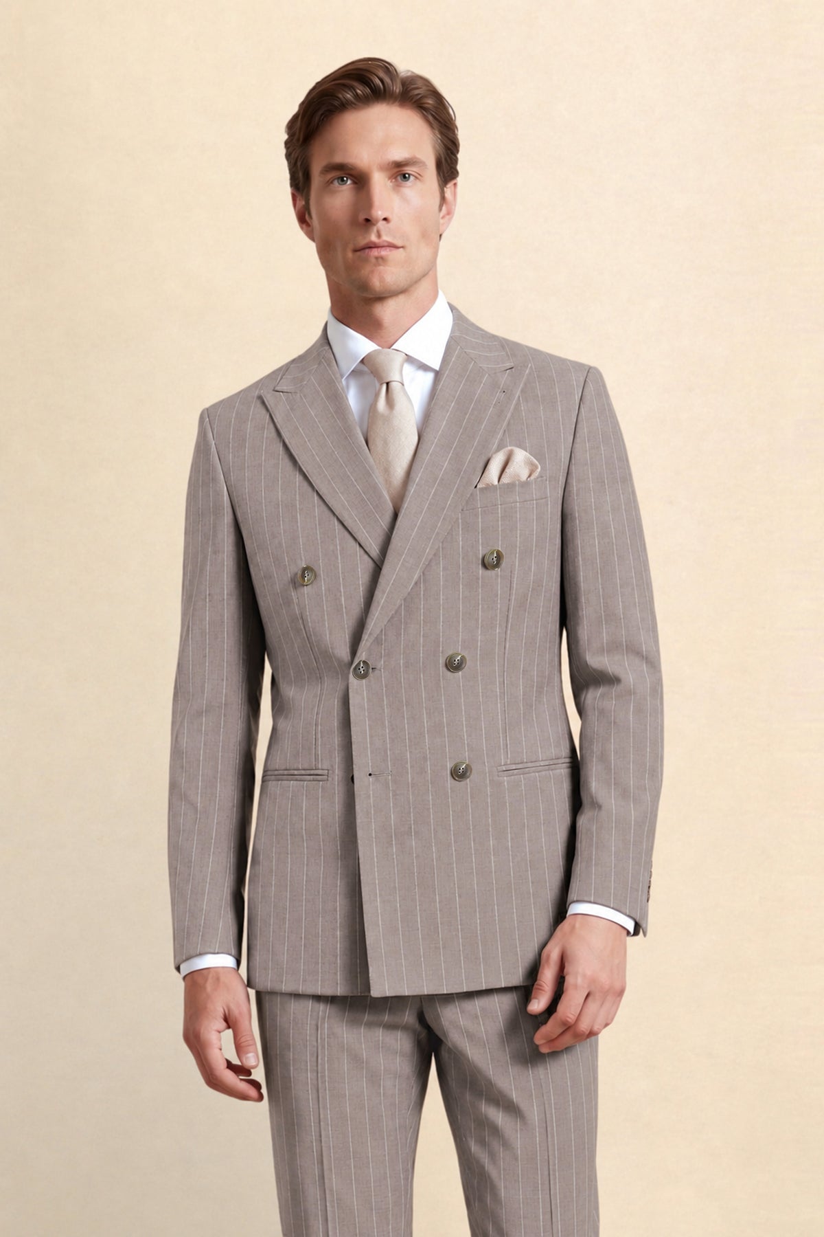 Highgate Slim Fit Double Breasted Beige Suit Jacket