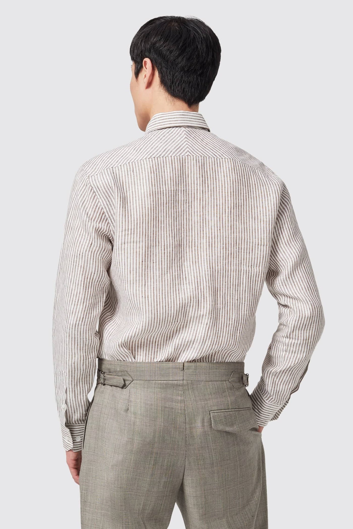 Jermyn Point Collar Button Down Brown Stripe Linen Shirt - ARCHIVE