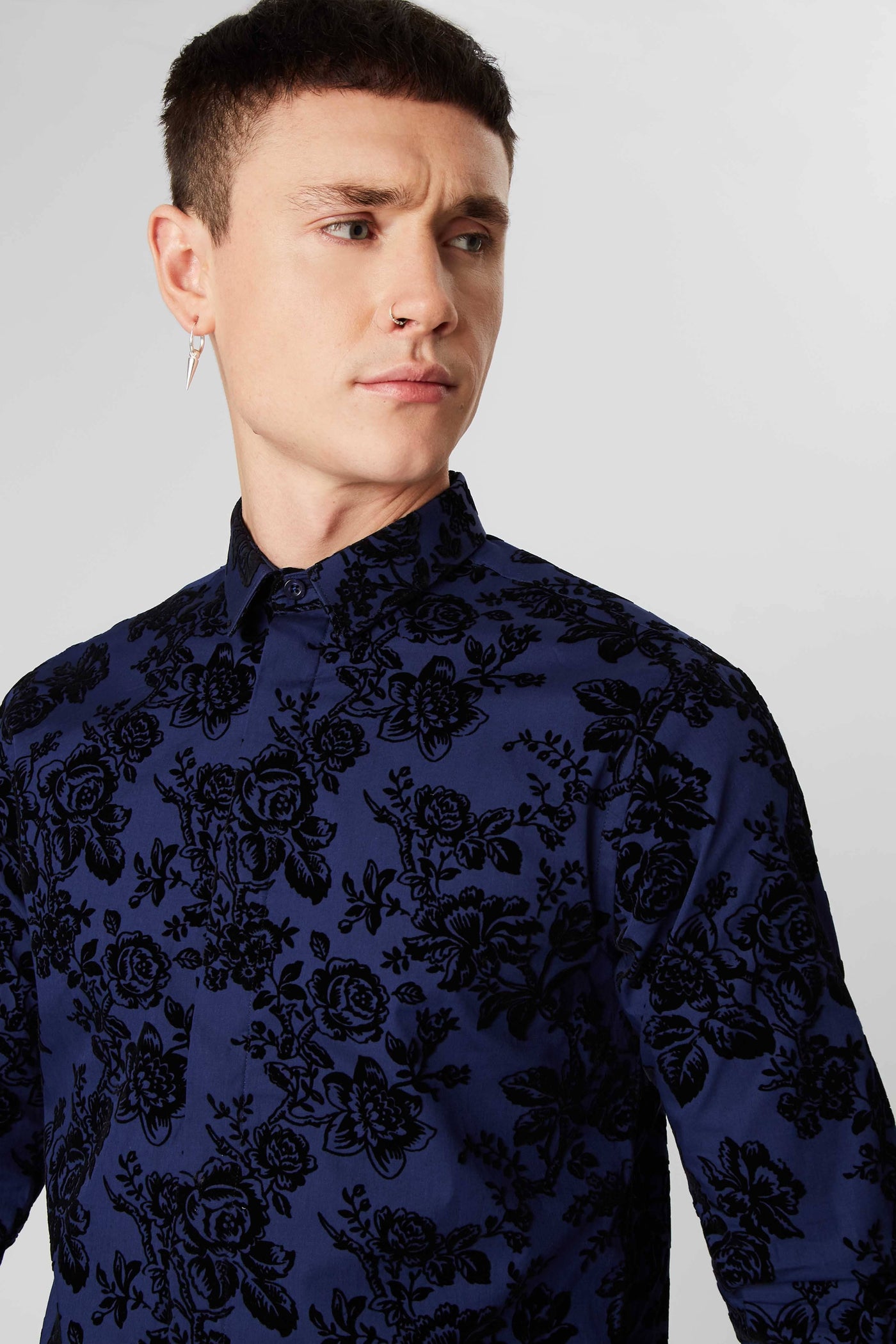 Armada Blue Skinny Fit Shirt With Floral Flock