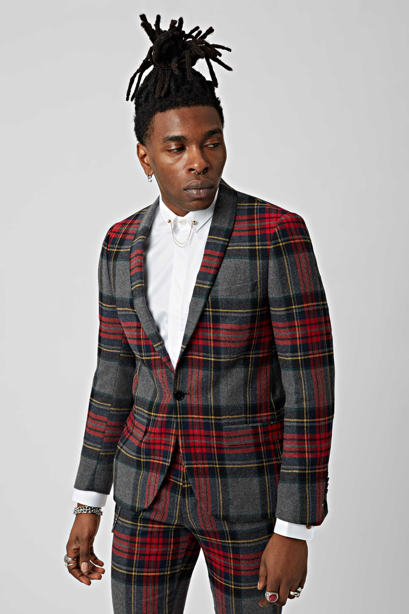 Twisted Tailor Cardosi Grey and Red Tartan Suit Jacket