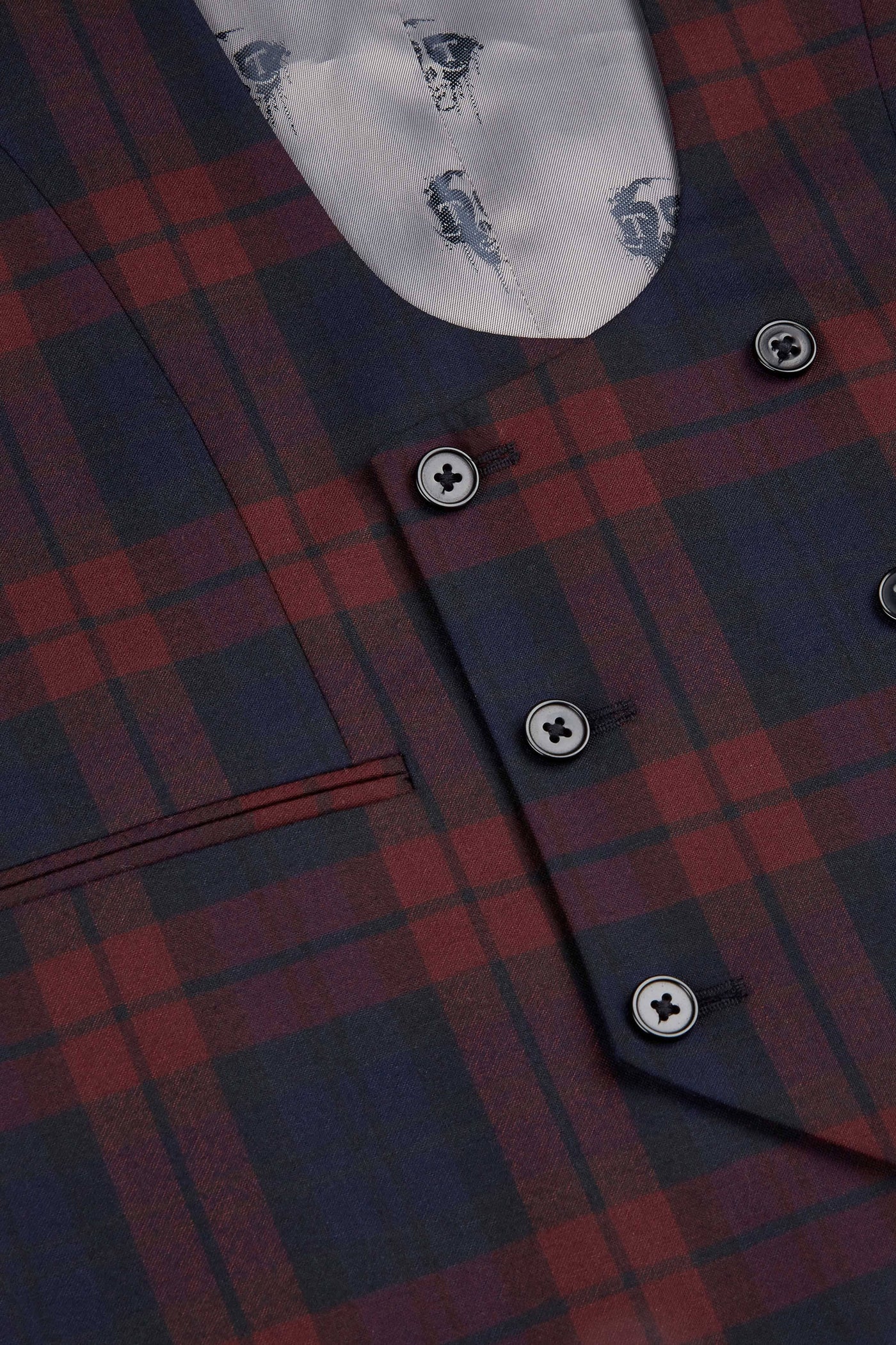 Ginger Skinny Fit Waistcoat in Burgundy Tartan