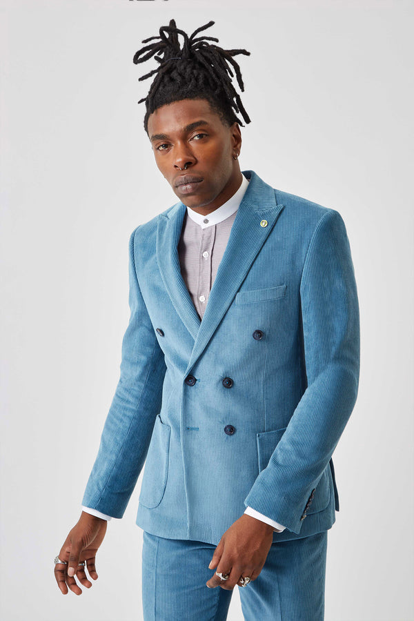Arlo Slim Fit Blue Corduroy Double Breasted Jacket