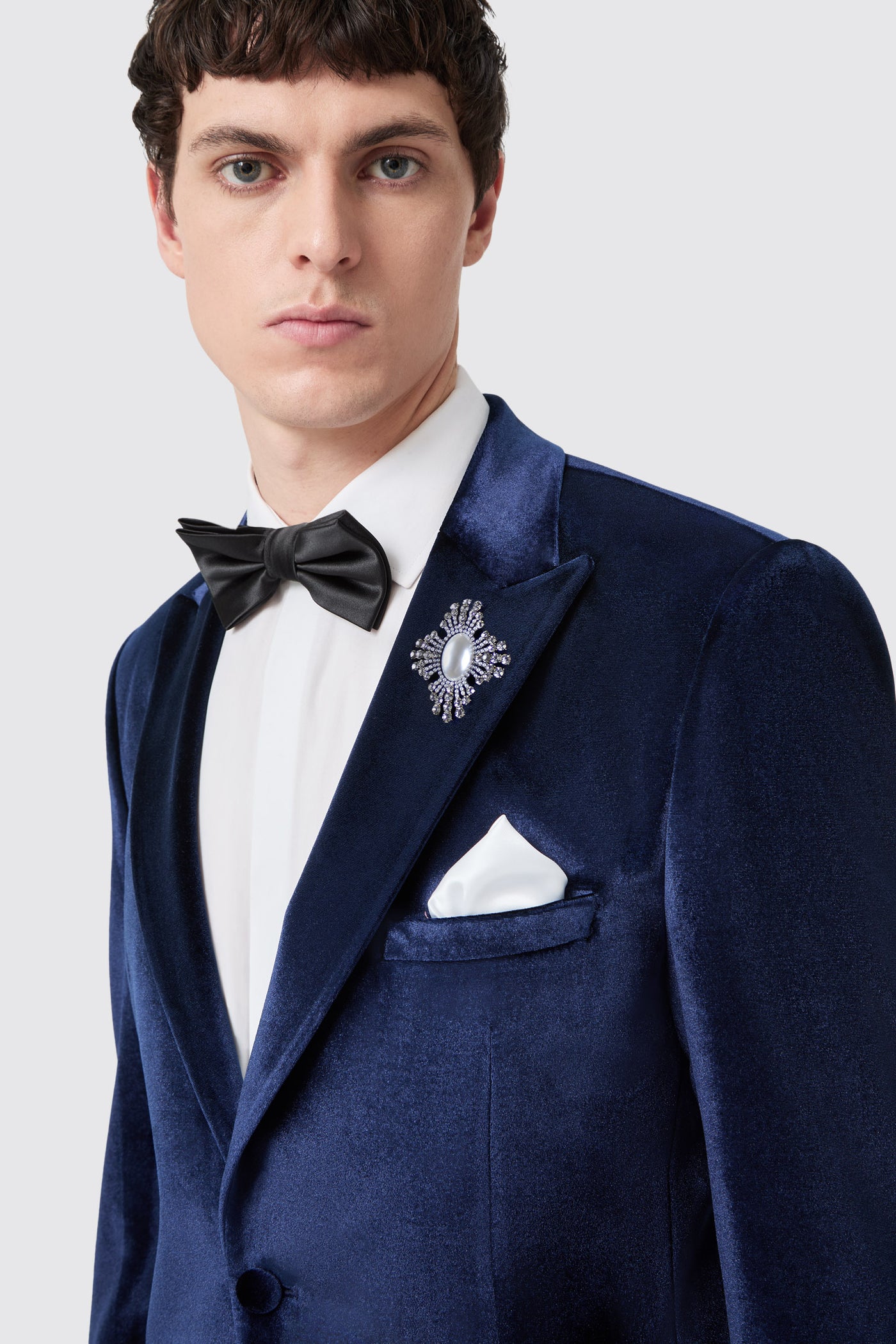 Bloom Slim Fit Navy Velvet Blazer With Brooch