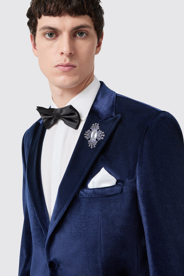 Bloom Slim Fit Navy Velvet Blazer With Brooch