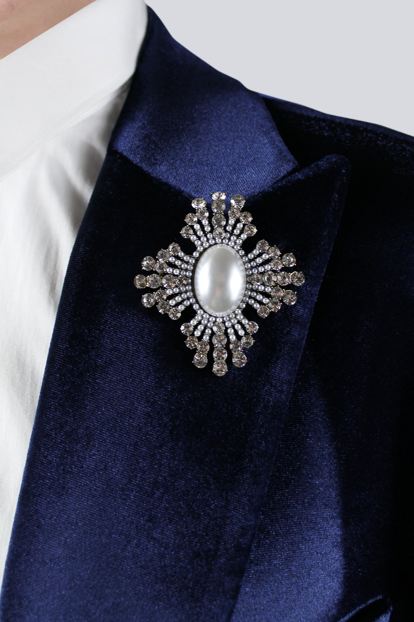 Bloom Slim Fit Navy Velvet Blazer With Brooch