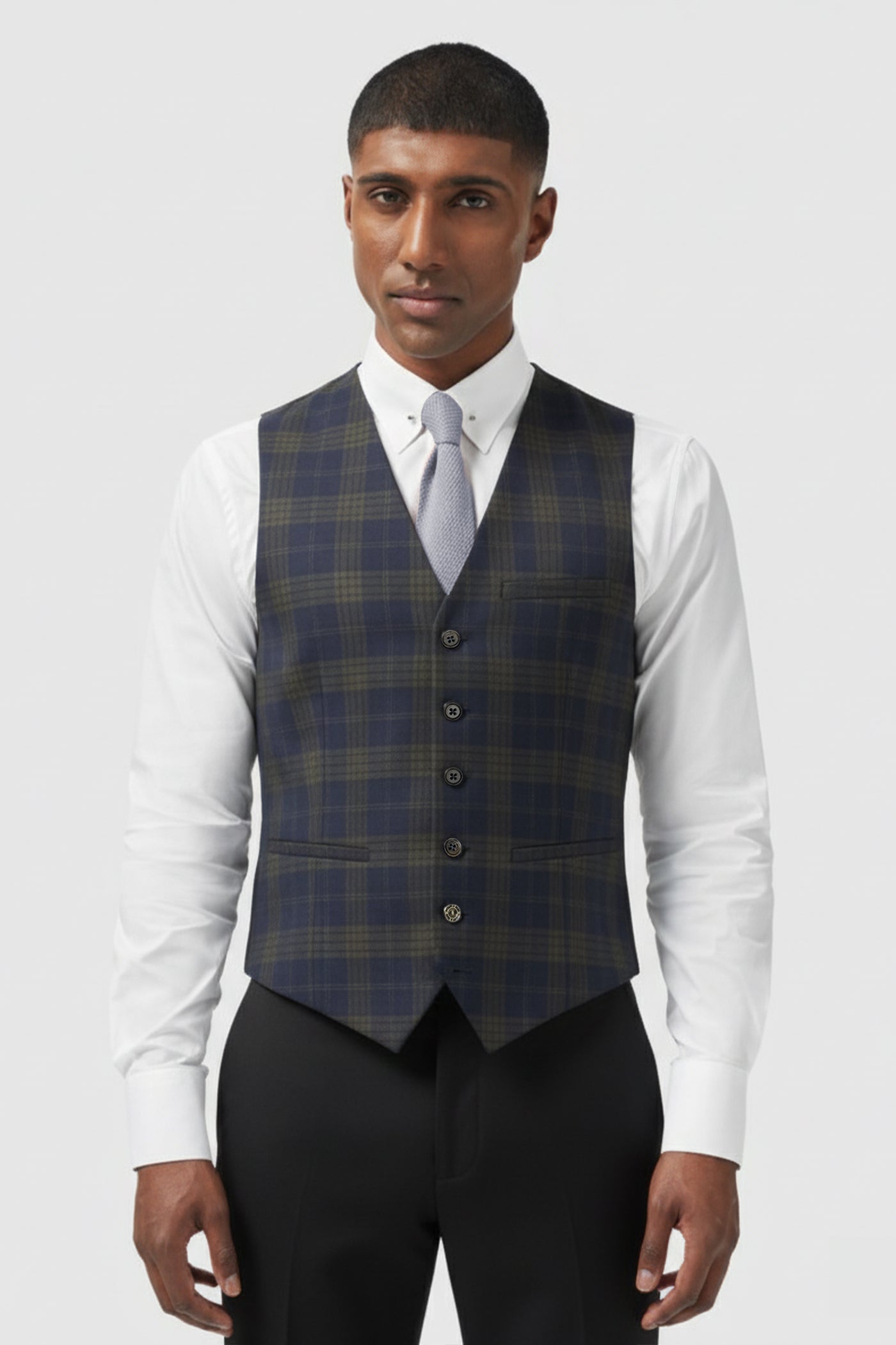 Busby Slim Fit Navy Check Waistcoat
