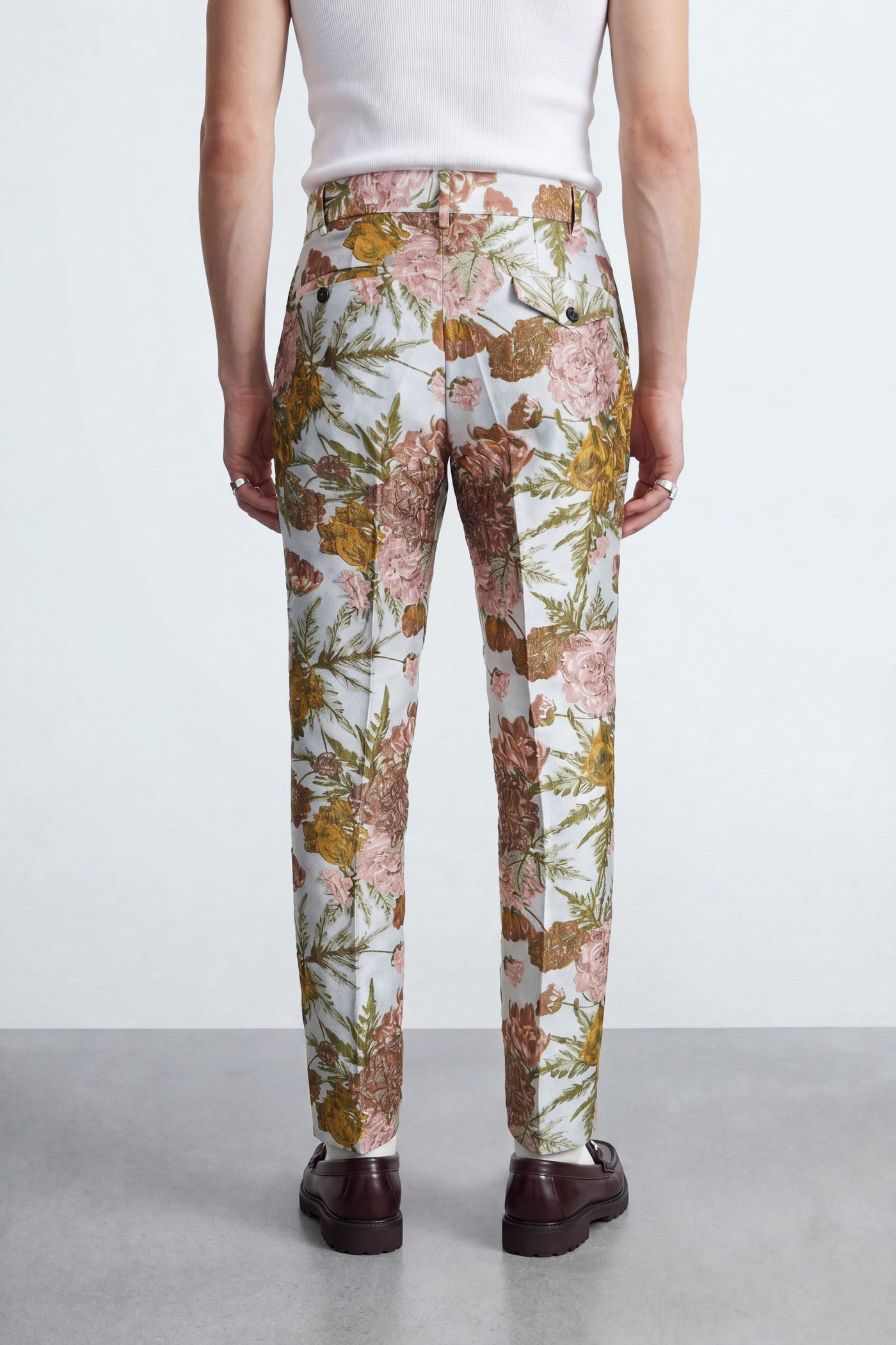 Hirshfield Slim Fit Floral Pink Silver Jacquard Suit