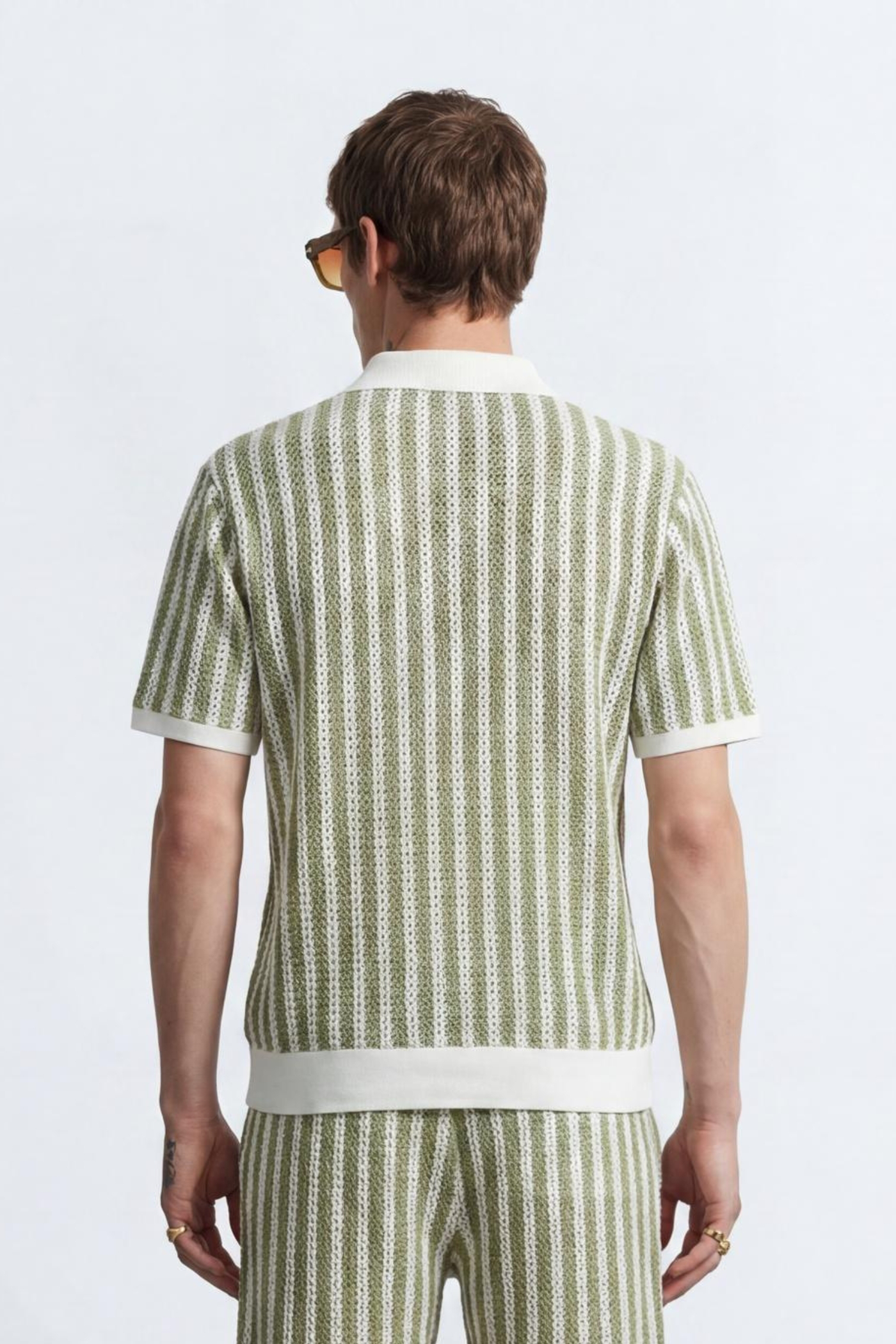 Albie Green & Cream Stripe Cotton Crochet Polo