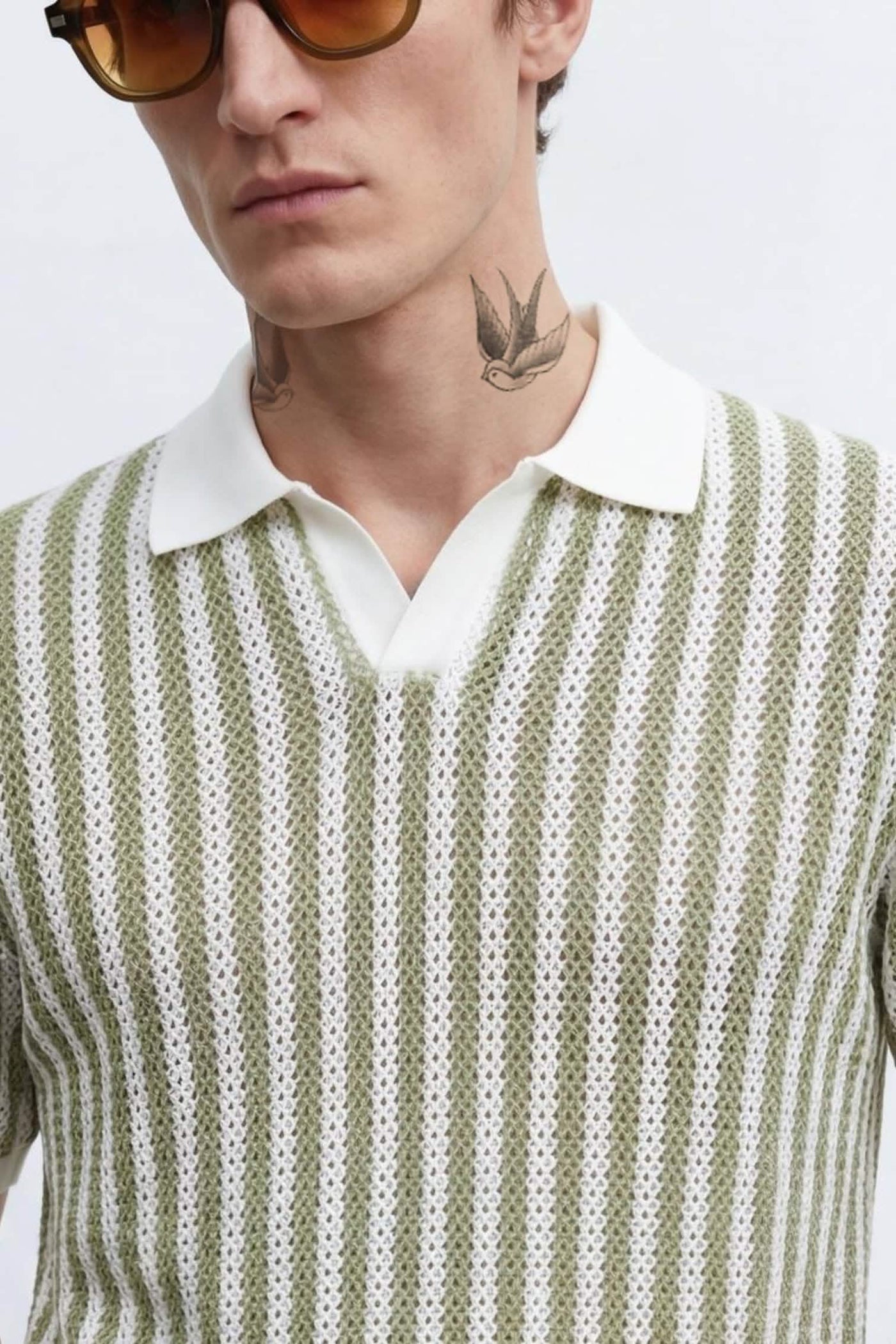 Albie Green & Cream Stripe Cotton Crochet Polo