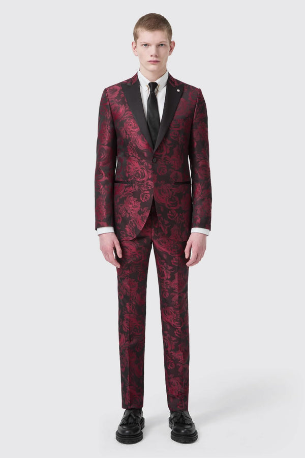 Era Skinny Fit Red Floral Jacquard Tuxedo Suit