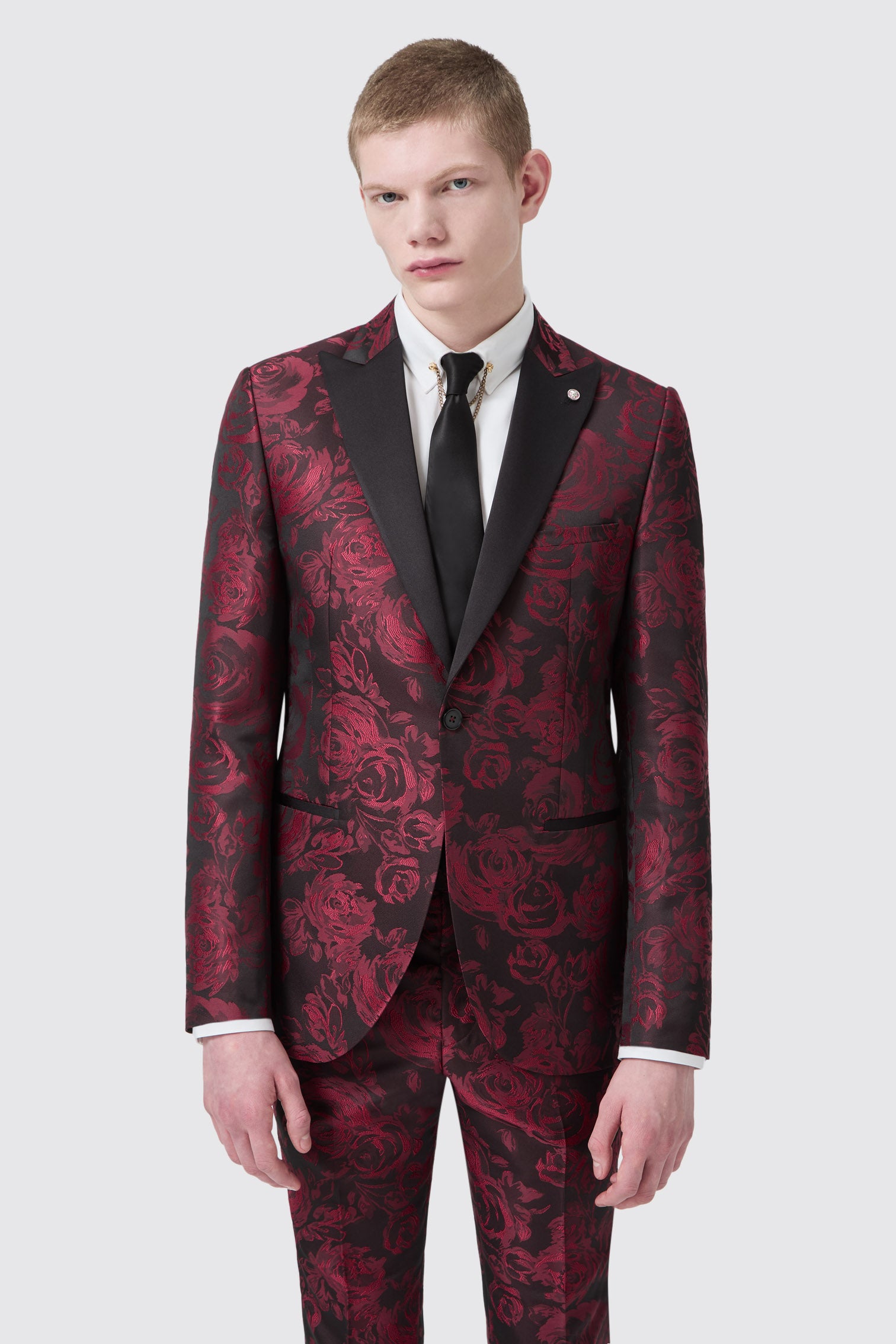 Ersat Skinny Fit Red Floral Jacquard Tuxedo Jacket
