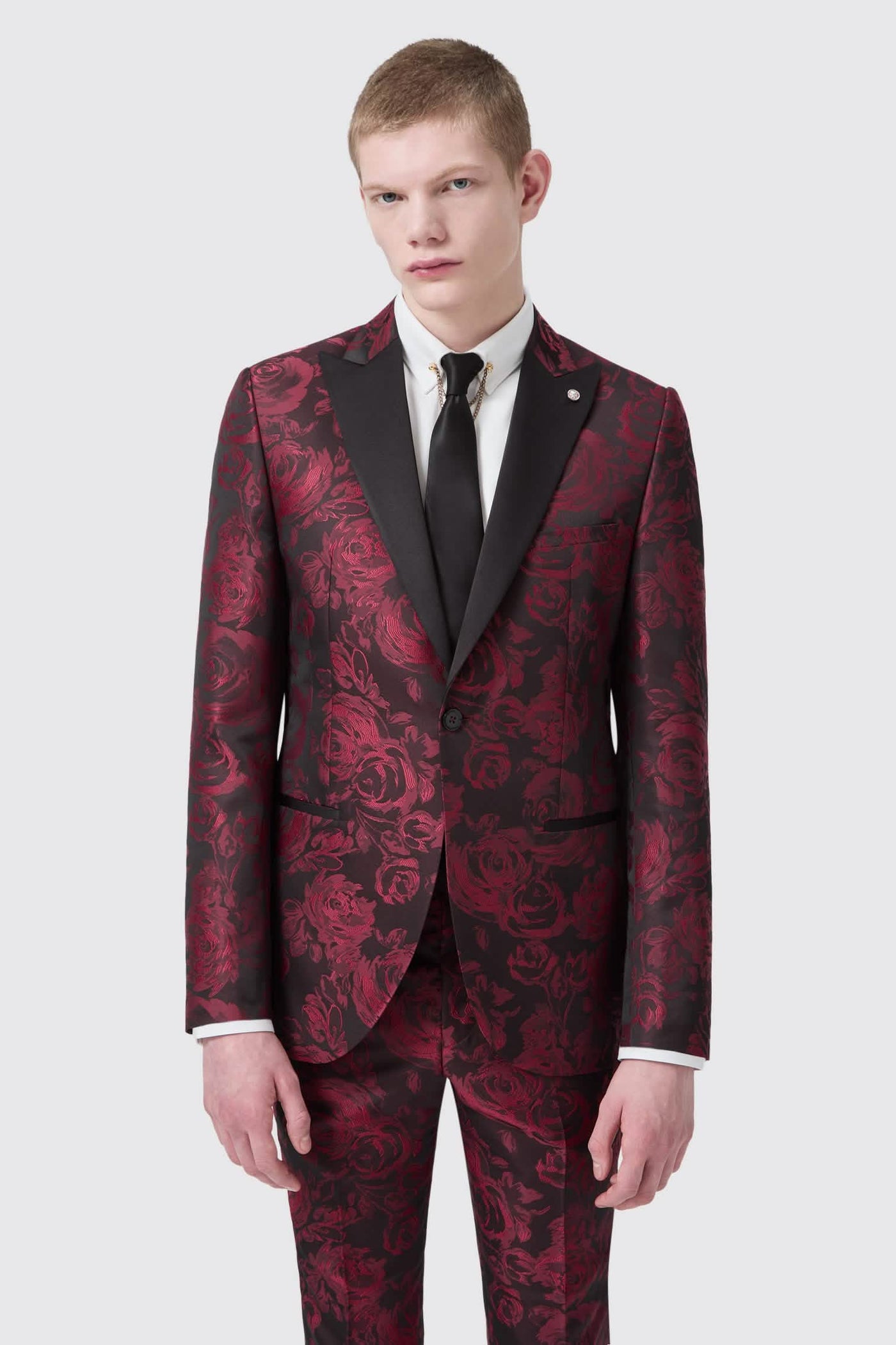 Era Skinny Fit Red Floral Jacquard Tuxedo Jacket