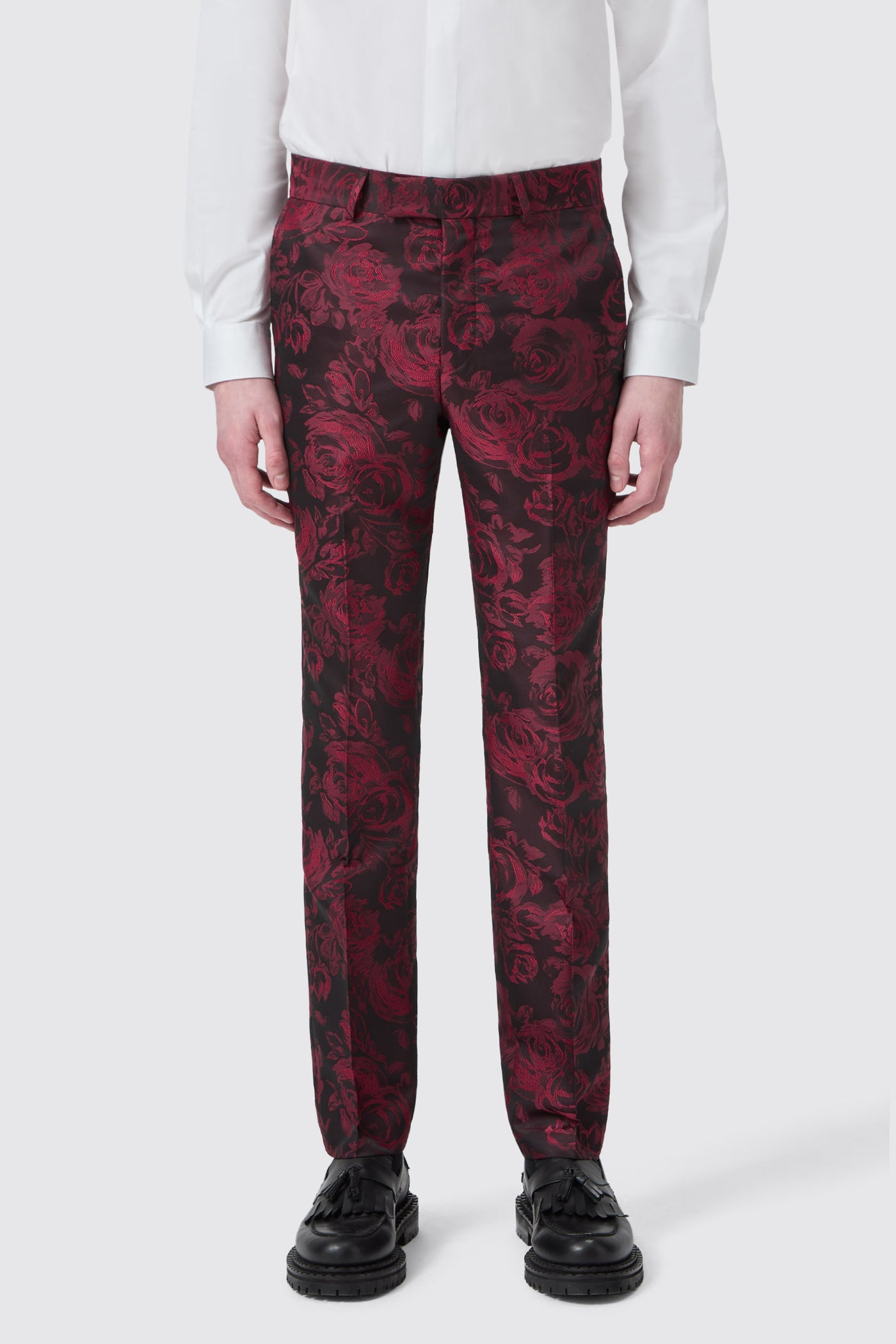 Era Skinny Fit Red Floral Jacquard Tuxedo Pant