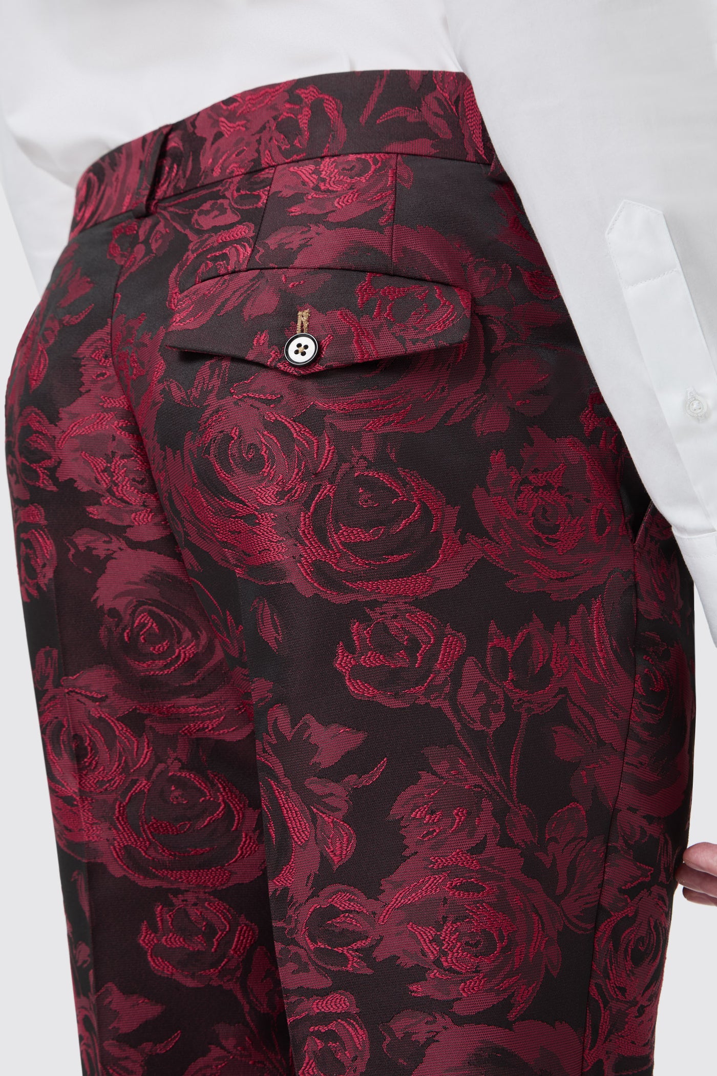 Era Skinny Fit Red Floral Jacquard Tuxedo Pant