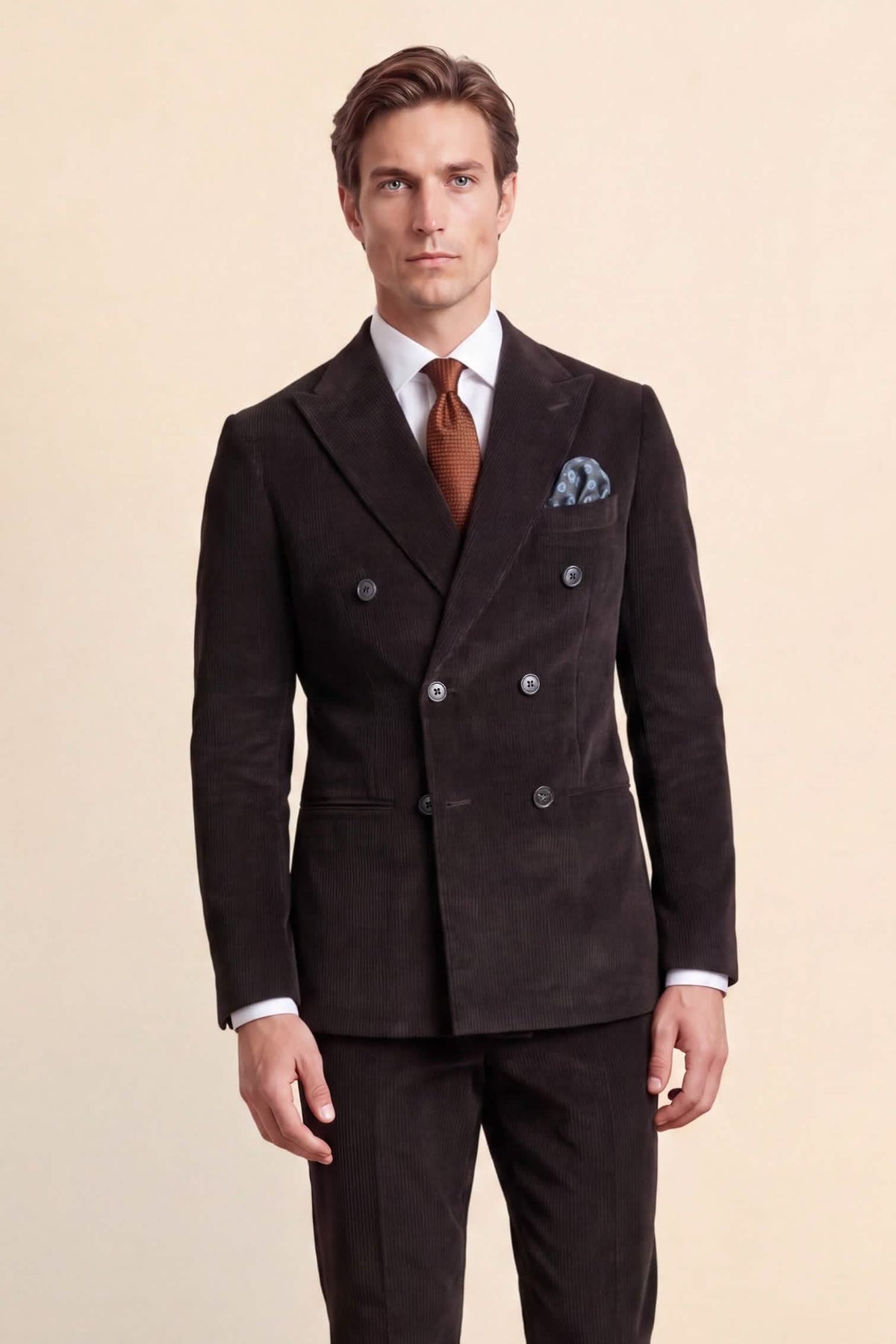 Norton Slim Fit Double Breasted Brown Corduroy Suit